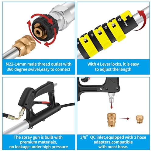 24 FT Telescoping Pressure Washer Wand Extension, Aluminum Power Washer Extension Wand with 7 Nozzle Tips, 3 Adapters & Support Harness, Gutter Cleaning Tools for 2 Story House