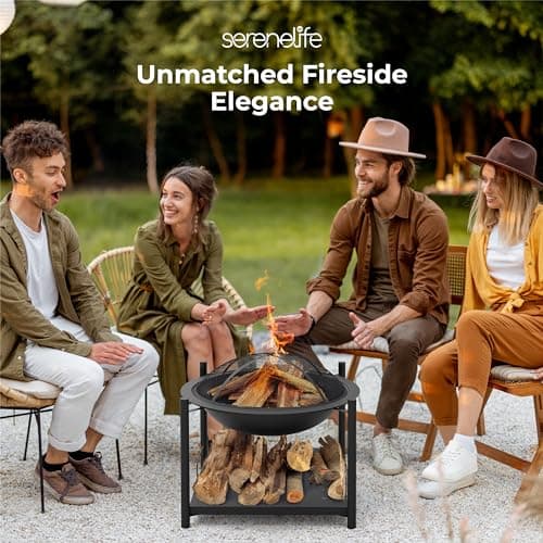 SereneLife 26" Outdoor Wood Fire Pit with BBQ Grill, Mesh Screen, and Wood Storage – Heavy-Duty Steel Frame, Heat-Resistant – Ideal for Bonfires, Camping, and Outdoor Cooking