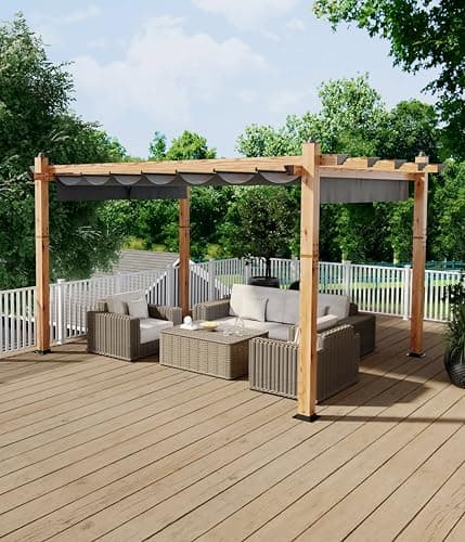 10 x 13 Ft Wood-Grain Aluminum Pergola Outdoor Pergola with Retractable Canopy Sun Shade Shelter for Garden, Patio, Backyard, Deck - Gray
