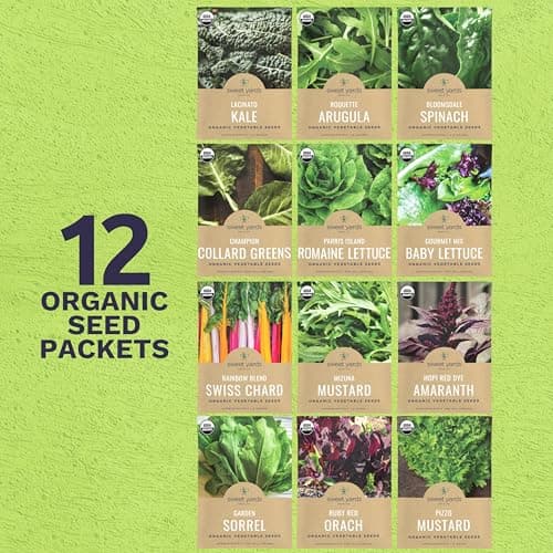 Organic Healthy Greens Seeds Variety Pack - 12 Individual Packs - 2025 Season - Arugula, Kale, Swiss Chard, Spinach, Mustard & More! for Indoor & Outdoor Planting (Non-GMO, Certified Organic)