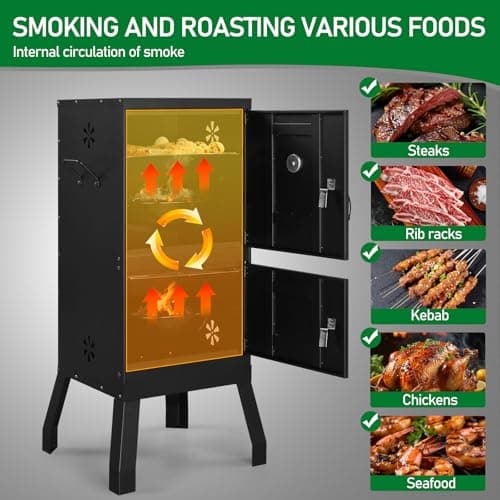 Outvita Outdoor Smoker with Double Doors, Vertical Charcoal Smoker, Outdoors Charcoal Barbeque with 2 Detachable Grill Netting Smoking Racks, Suitable for Lawn Picnic, Backyard BBQ, Black