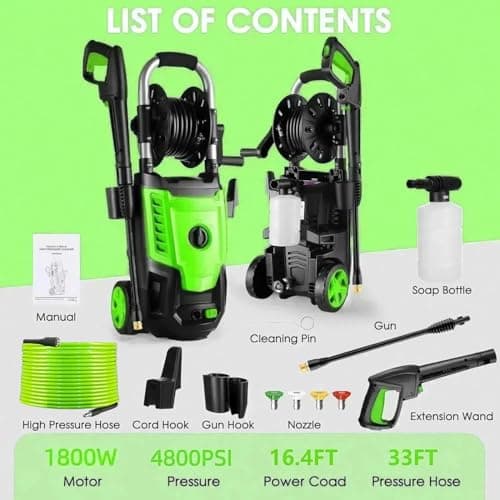 4800 PSI Electric Pressure Washer- 4.0 GPM High Power Washer with 33FT Hose Reel M22-14mm, 4 Nozzles and Foam Cannon, powerwashers for Home, Cars, Fences, Patio, 2025 Upgraded (Green)