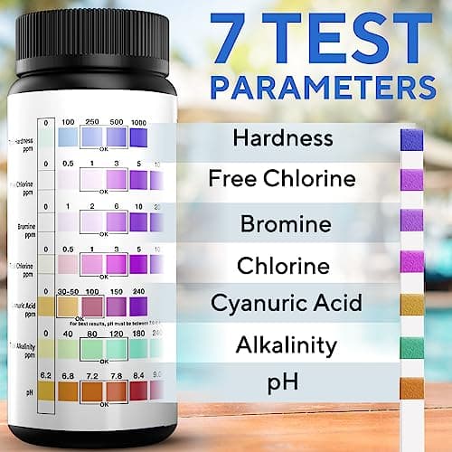 7-in-1 Accurate Pool Test Strips - 100 Hot Tub Spa Test Strips - Quick Pool Water Testing Kit - Bromine, pH, Hardness, Alkalinity, Chlorine & Cyanuric Acid - Perfect for Any Pools, Spa, Hot tubs