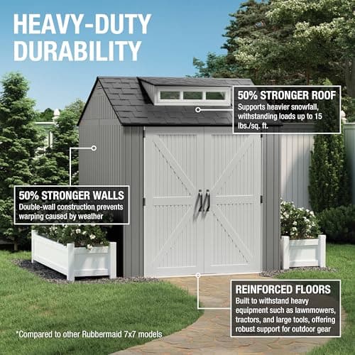 Rubbermaid Resin Outdoor Storage Shed With Floor (7 x 7 Ft), Weather Resistant, Gray, Organization for Home/Backyard/Garden Tools/Lawn Mower/Bike Storage/Pool Supplies