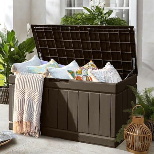 Greesum 82 Gallon Resin Deck Box Large Outdoor Storage for Patio Furniture, Garden Tools, Pool Supplies, Weatherproof and UV Resistant, Lockable, Dark Brown