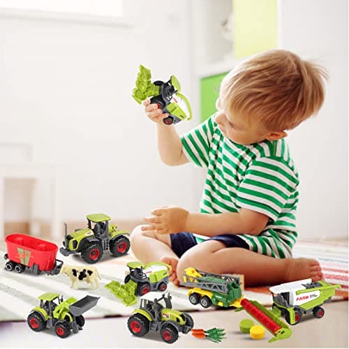 Oriate Kids Farm Toys Realistic Tractor Vehicle Playset, Diecast Car Set Educational Mini Farm Animals with Flatbed Trailer, Birthday Gift for Children 3 Year Old