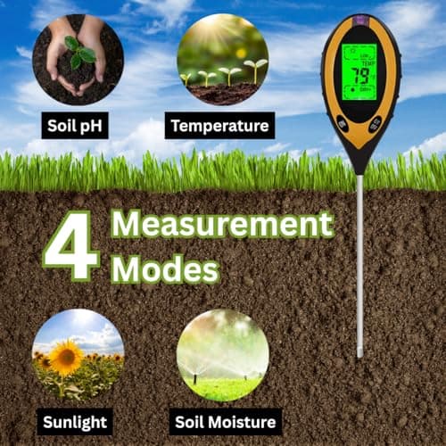 4-in-1 Soil Moisture Meter, High Precision, Digital Plant Temperature/PH Meter/Sunlight Intensity, Backlight LCD Display, Soil Test Meter for Gardening, Lawn, Farming, and Outdoor Plants