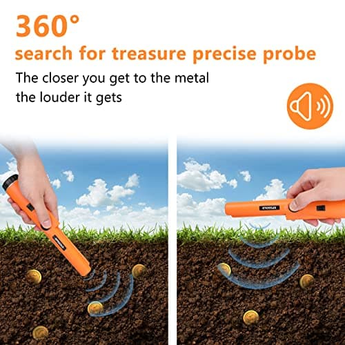 Metal Detector Pinpointing,Waterproof Pinpointer 360 Degree Search Gold&Treasure Finder with Belt Holster &LED Indicator& Buzzer Vibration, for Adults and Kids (Orange)