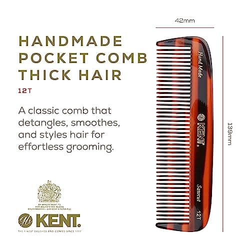 KENT 12T Wide Tooth Detangling Comb - 5.5" Handmade Pocket Comb for Thick, Curly, and Wavy Hair, Large Tooth Grooming Comb for Hair, Beard, and Mustache - Saw-Cut and Hand Polished
