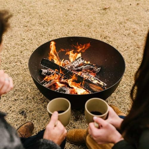 Ash & Ember 29" Hemisphere Fire Pit, Wood Burning Backyard Fireplace, Round Flat Flanged Base, Cast Iron High-Temp Black Paint Fire Bowl, Portable Outdoor Firepit