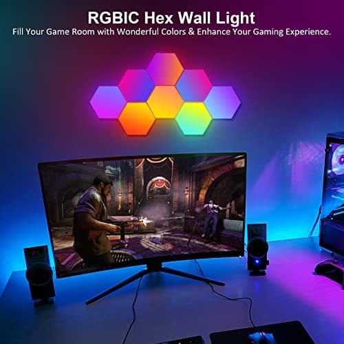 OJQ 8 Pack Hexagon Wall Light RGB Panel - Smart APP RGB Hexagonal Modular Gaming Light Music with Sync Honeycomb Shape Panels Hexagon Lights for Bedroom Children Room Wall Decor