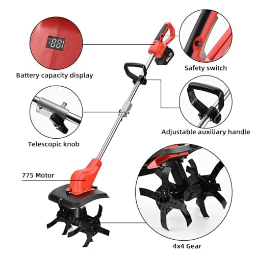 21v Cordless Tiller Cultivator, 300 RPM Tiller Has Battery Capacity Display with 4.0 Ah Battery, 11 in Tilling Width, 8 in Depth Rototiller for Lawn/Gardening/Soil Cultivation by MKMKYEE