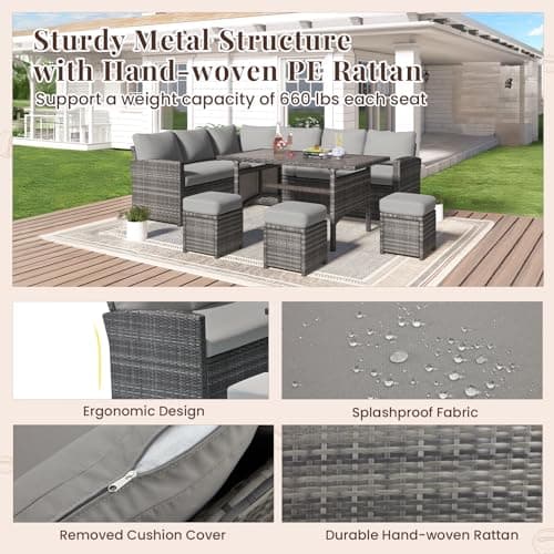 U-MAX 7 Pieces Patio Furniture Set with 43 Inch Fire Pit Table, Outdoor Sectional Sofa Conversation Set, All Weather Wicker Rattan Dining Table & Chair with Ottoman, Grey Rattan&Grey Cushion