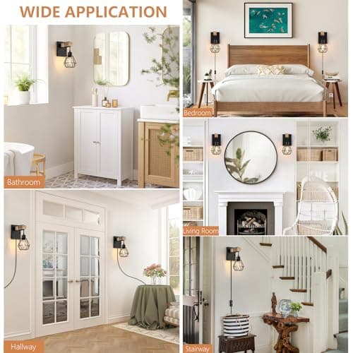 Plug in Wall Sconces Set of Two, Vintage Wood Wall Lamps with Plug in Cord, Farmhouse Wall Light Fixture with 5.25FT On/Off Switch Cord, Indoor Wall Lamp for Bedroom Living Room