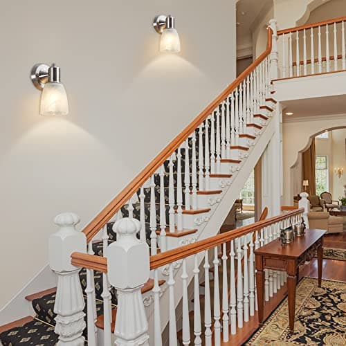 Wall Sconces Set of 2, Brushed Nickel Vanity Lights for Bathroom, Modern Wall Light Fixtures with Rotary Switch, Wall Mount Light with Frosted Glass, Farmhouse Wall Lamp for Bedroom Living Room