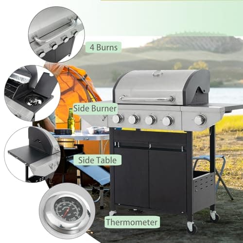 4 Burner Outdoor Propane Gas Grill with Side Burner & Thermometer, Stainless Steel Barbecue Grill with Wheels for Patio BBQ Cooking, Camping