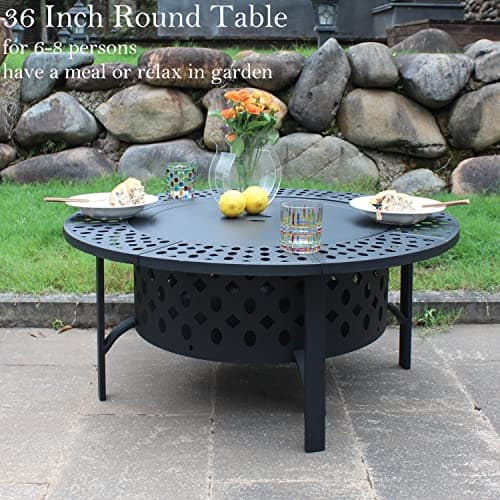 36 Inch Fire Pit with 2 Grills, Wood Burning Fire Pits for Outside with Lid, Poker and Round Waterproof Cover, BBQ& Outdoor Firepit & Round Metal Table 3 in 1 for Patio, Picnic, Party