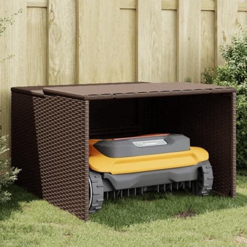 vidaXL Robot Mower Garage - Brown Poly Rattan, Weather-Resistant Storage Shed, 33.9"x35.4"x20.5"/22.4" for Garden Robotic Lawn Mower