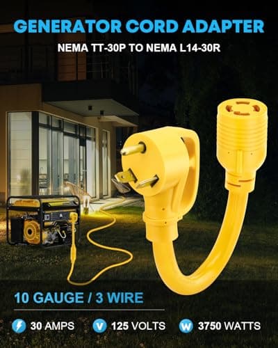 Kohree NEMA TT-30P to L14-30R Generator Adapter Cord, 30Amp 3 Prong to 4 Prong Adapter, Generator Transfer Switch Adapter Cord, STW 10 AWG 12'', 30 Amp Male Generator to 30 Amp House Inlet Box Adapter