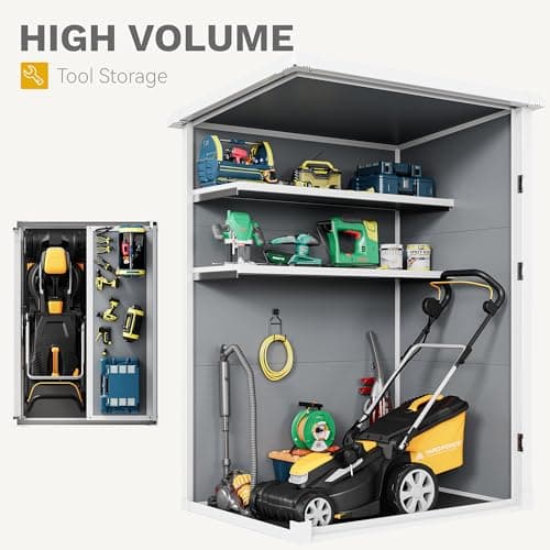 DWVO 60 Cuft Outdoor Tall Storage Shed with 2 Shelves, Weatherproof Vertical Tool Shed with Floor & Lockable Doors, Sturdy Double-Wall Plastic Cabinet for Garbage Cans and Garden Equipment (Gray)