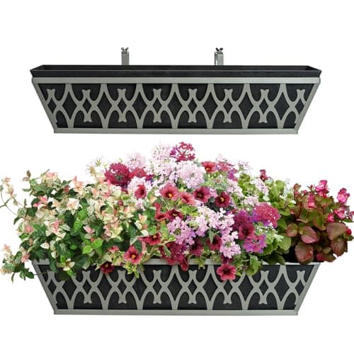2 Pack 24 Inch Window Boxes Planters Railing Planter Box with Adjustable Brackets & Non-Woven Fabric Plant Grow Bags Deck Railing Planter Boxes Balcony Hanging Flower Box for Outdoor Plants