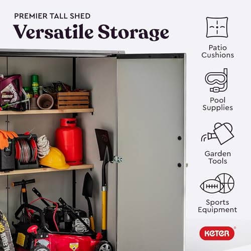 Keter Premier Tall 4.6 x 5.6 ft. Resin Outdoor Storage Shed with Shelving Brackets for Patio Furniture, Pool Accessories, and Bikes, Grey & Black