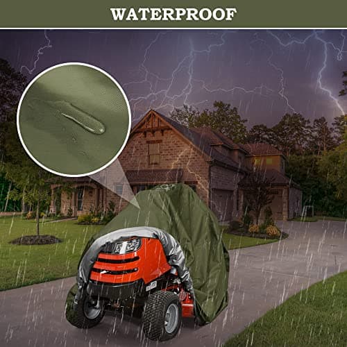 Riding Lawn Mower Cover, Heavy Duty 600D Oxford Outdoor Tractor Cover Waterproof UV Protection Lawn Mower Cover Fit Decks up to 54" with Elastic Cord & Storage Bag, Green