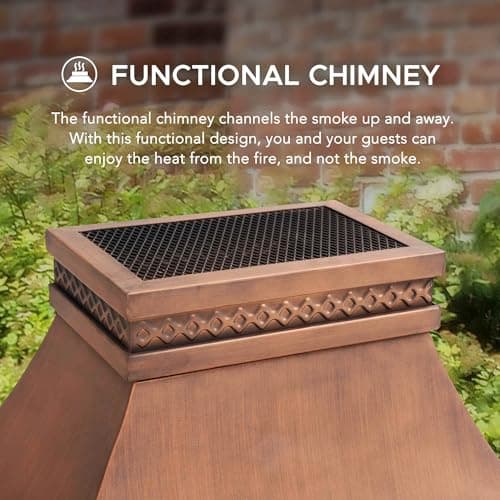 Sunjoy Outdoor Fireplace, Smith Collection Patio Wood Burning Steel Fireplace with Chimney, Spark Screen, Fire Poker, and Removable Grate, Copper with Yellow Tile