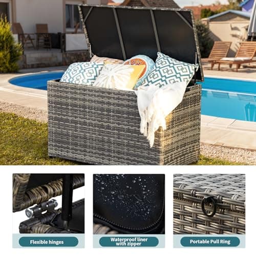 178 Gallon Outdoor Storage Box, Patio Deck Box with 2 Wheels, Handle Large Portable Wicker Rattan Deck Box for Patio Furniture Cushions, Throw Pillows, Garden Tools and Pool Floats (Gray)
