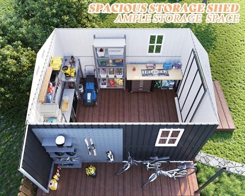 AMERLIFE 10.6x10.3x6.3 FT Outdoor Storage Shed with Sliding Doors Two 4-Pane Windows, Open Outdoor Shed for Wood Storage, Dark Grey/White