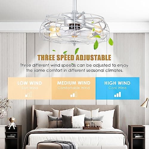 Asyko Outdoor Caged Ceiling Fans with Lights - Bladeless Low Profile Ceiling Fan Light with Remote, 19" Enclosed Ceiling Fan for Covered Outdoor