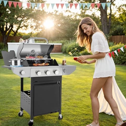 4 Burner Outdoor Propane Gas Grill with Side Burner & Thermometer, Stainless Steel Barbecue Grill with Wheels for Patio BBQ Cooking, Camping