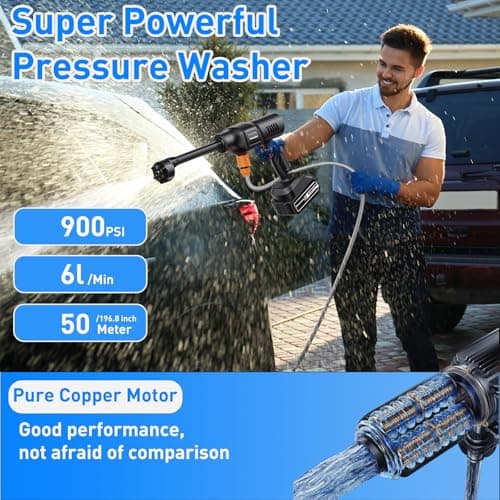 Cordless Power Washer, 900 PSI Cordless Pressure Washer, Portable Power Washer with 20000mAh Battery&Charger & 6-in-1 Nozzle, 17FT Drain Hose, Portable Pressure Washer for Car WashHomeYard