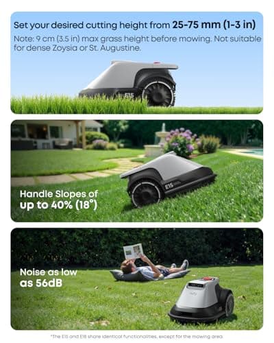 eufy Robot Lawn Mower E15, No Wire, No RTK, No Signal Issue, Hands-Free Auto Mapping, Precise Obstacle Avoiding, Reliable Lawn Maintenance, Worry-Free Experience