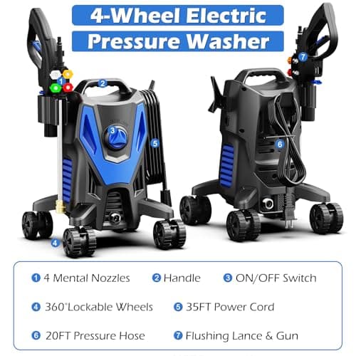 Electric Pressure Washer, 4200PSI 2.8GPM, Foam Cannon, 4 Nozzle Tips, 20 FT Hose, 35FT Power Cord, Strong Power Washer with Anti-Tipping Technology for Cars, Garden, Fences, Patios, Driveways