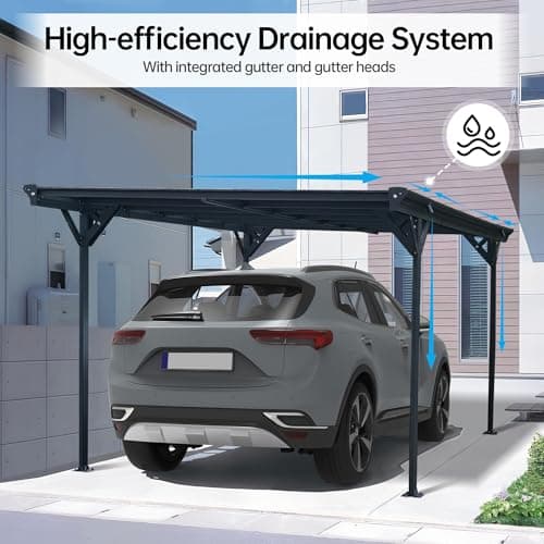 Real Relax Metal Carport 10 x 16ft with Heavy Duty Metal Frame & Pitched-Roof Polycarbonate Panel Canopy, Sturdy Canopy Shelter for Car, Truck, Pickup, SUV, Tractor, and Boat, Grey