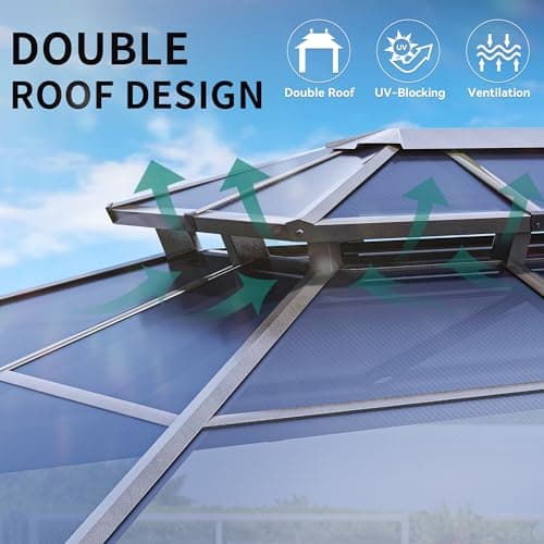 YITAHOME 10x12FT Gazebo Hard-Top Double Roof Canopy Outdoor with Netting and Shaded Curtains, Aluminum Frame Polycarbonate Hardtop Garden Tent for Patio, Backyard, Deck and Lawns, Brown