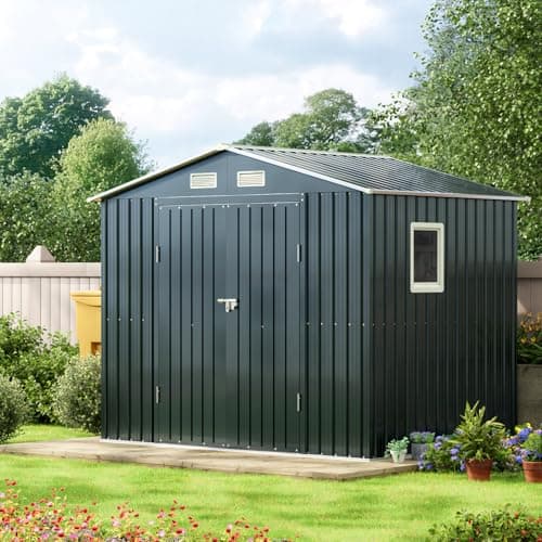 6X8X6.4FT Outdoor Steel Storage Shed with Lockable Doors, Frame Floor (No Wood/Other Boards),One Clear Window,Ideal for Garden, Backyard, Patio Storage