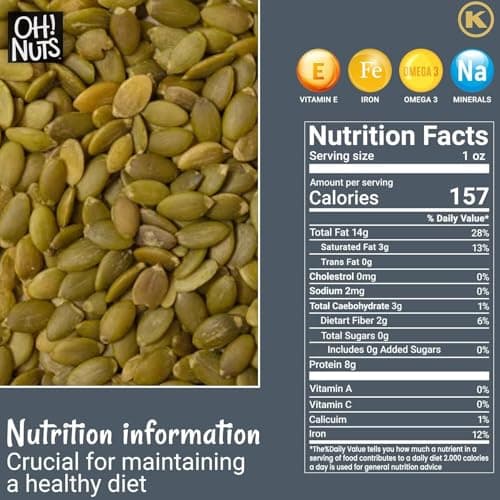 Oh! Nuts Pumpkin Seeds - Raw - 100% Natural - 1 lb - Pepitas Raw Unsalted - Packed in New York Zip-Seal Bag for Exceptional Freshness