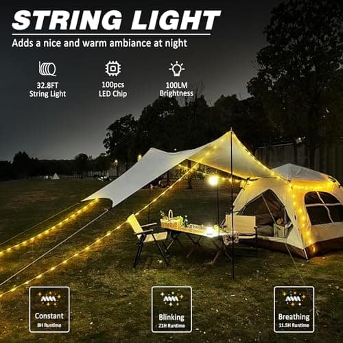 DIBMS 1-Pack Camping String Light w/Lamp, 32.8FT Rechargeable Waterproof LED Hanging Light for Outdoor Camping Awning Tent Garden Party Festival Decor
