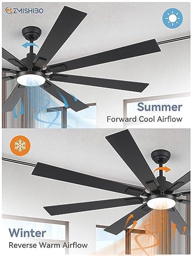 72 inch Large Ceiling Fans with Lights and Remote, Indoor/Outdoor Black Modern Ceiling Fan for Kitchen Living Room Patio, 6 Speed Reversible Quiet DC Motor, 3 CCT, Dual Finish 8 Blades