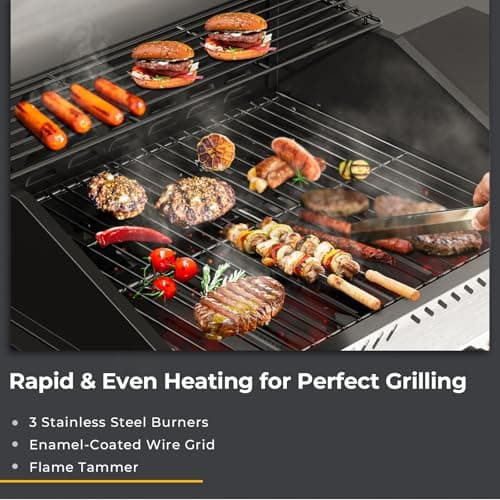 R.W.FLAME 3 Burners Propane Gas Grill with Side Burner, 34000 BTU BBQ Grills for Outdoor Cooking, Enamel-coated Wire Grate, Removable Grease Tray, Barbecue Grill for Camping, Backyard, Patio, Deck