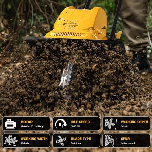 Garden Rototiller 16-Inch 13.5-Amp Corded Electric Tiller/Cultivator, Adjustable Wheels, 8-Inch Tilling Depth, Powerful and Lightweight Tiller