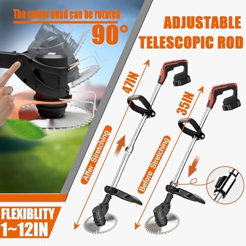 Weed Wacker, Electric Weed Wacker, String Trimmer with 2 Batteries and Charger, Grass Trimmer Lawn Mower Edgerr with 3 Types of Blades, Brush Cutter with Retractable Length and 90° Rotating Head