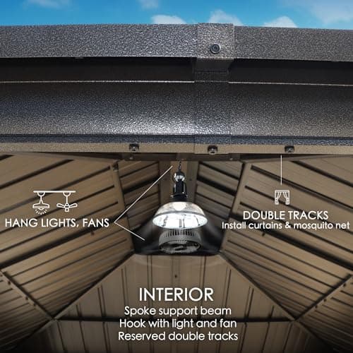 Kozyard Caesar 10'x12' Hardtop Gazebo - Permanent Metal Pavilion with Netting Shaded Curtains for Patio, Backyard, and Deck - Galvanized Steel Outdoor Aluminum Canopy, Double Roof Gazebo (Dark Brown)