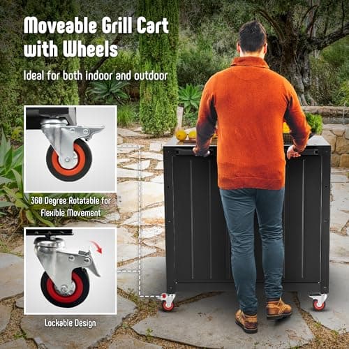 Grill Table, Outdoor Bar Cart Grill Cart with Storage Cabinet,Modular Outdoor Kitchen Island, Outdoor Grill Station with 304 Stainless Steel Top,Pizza Oven Table for Lawn & Garden,L35.4” x W24”