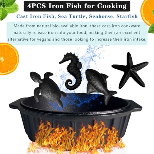 Small Cast Iron Smoker Roaster for Grill & Cast Iron Fish, Sea Turtle, Seahorse, Starfish, Combination Natural Iron Grill-Smokers Garlic Roaster, Enhance The Flavor of Butter Garlic Sauce, Soup