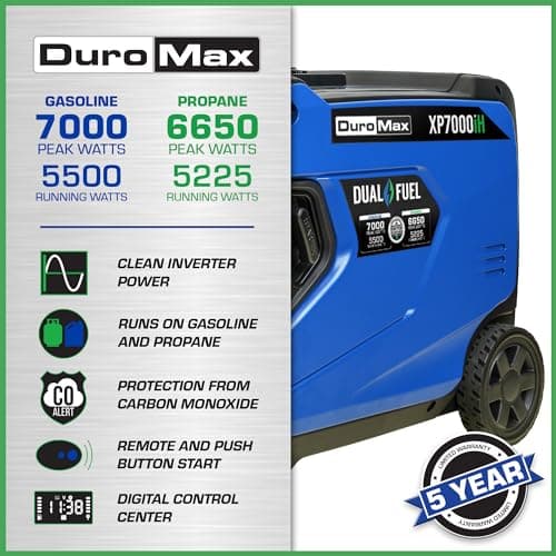 DuroMax XP7000iH 7,000-Watt Dual Fuel Portable Digital Inverter Generator - Gas & Propane, Remote Electric Start, RV & Emergency Ready