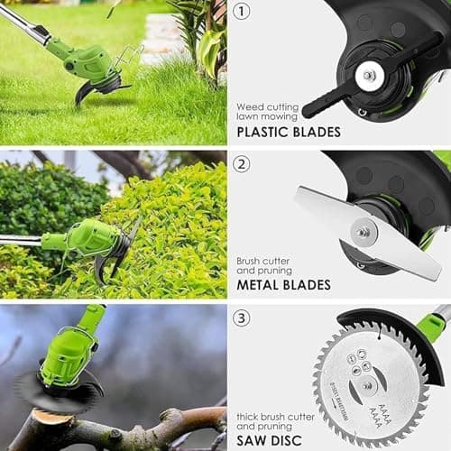 Electric Weed Wacker 24V Electric Weed Cordless Eater with 2pcs Batteries and 3 Types Blades&Auxiliary Wheel Weed Trimmer Lightweight 3 in 1 Stringless Grass Trimmer Edger/Brush Cutter for Lawn