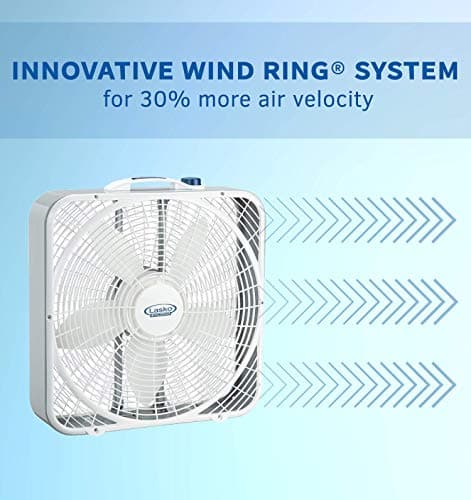 Lasko Weather-Shield Performance Box Fan, 3 Speeds, Innovative Wind Ring System for Up to 30% More Air, Carry Handle for Bedroom, Office, Home, 20 Inch, White, 3720